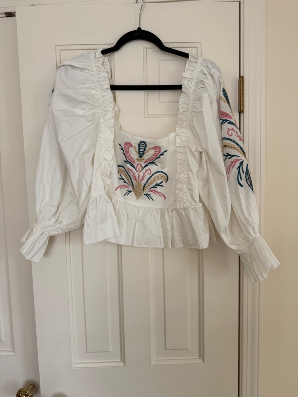 White Embroidered Puff-Sleeve Peasant Blouse